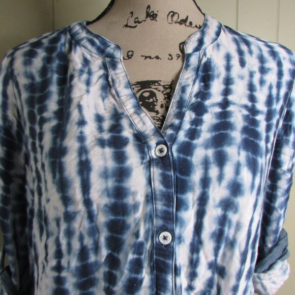 Philosophy Blouse S Tie Dye Blue White Roll Cuff Sleeve - Picture 9 of 16
